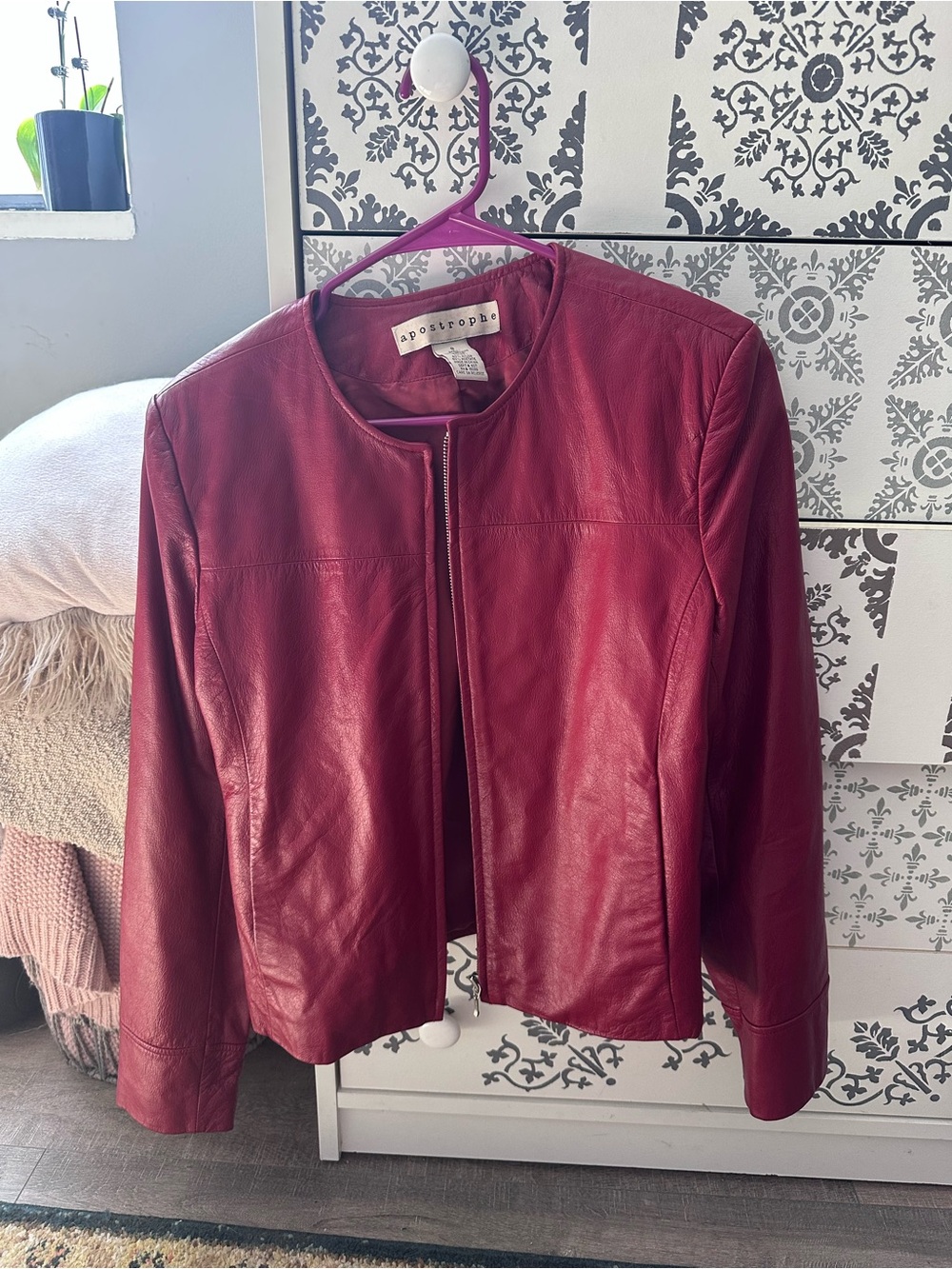 Apostrophe Red Collarless Leather Jacket